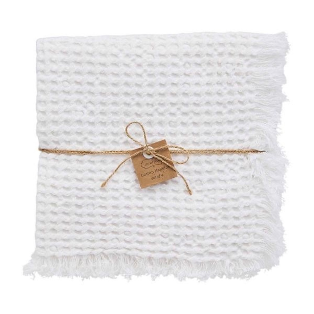 Mud Pie White Waffle Weave Cotton Napkins with Fringe Set of 4 NEW